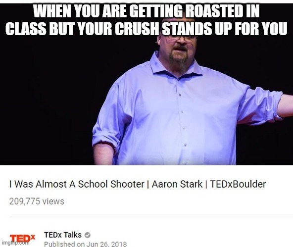 i was almost a school shooter | WHEN YOU ARE GETTING ROASTED IN CLASS BUT YOUR CRUSH STANDS UP FOR YOU | image tagged in i was almost a school shooter | made w/ Imgflip meme maker