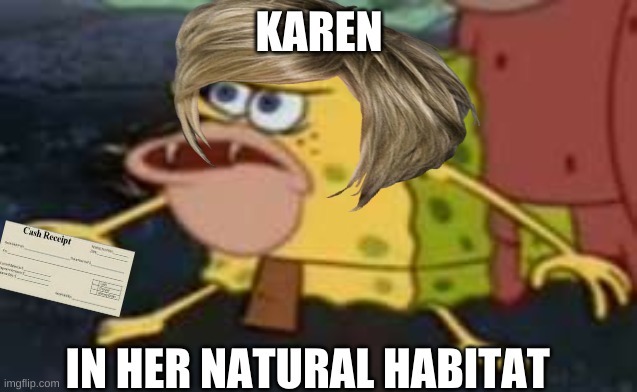 karen in her natural habitat | KAREN; IN HER NATURAL HABITAT | image tagged in memes,spongegar,karen | made w/ Imgflip meme maker