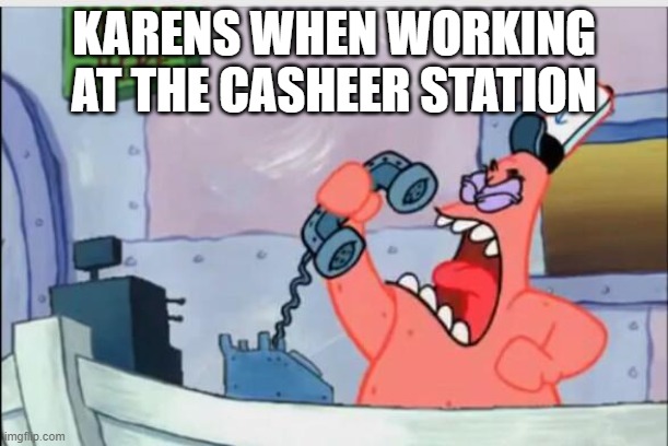 /// | KARENS WHEN WORKING AT THE CASHEER STATION | image tagged in no this is patrick | made w/ Imgflip meme maker