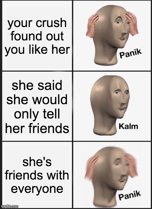 Panik Kalm Panik Meme | your crush found out you like her; she said she would only tell her friends; she's friends with everyone | image tagged in memes,panik kalm panik | made w/ Imgflip meme maker