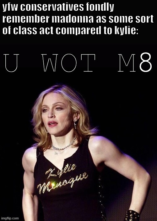 not a dig at Madonna. It's just... Madonna pissed off conservatives way way way way more and that's just facts. lol | yfw conservatives fondly remember madonna as some sort of class act compared to kylie: | image tagged in madonna u wot m8,pop music,pop culture,singers,conservative logic,u wot m8 | made w/ Imgflip meme maker
