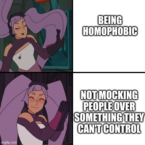 entrapta drake | BEING HOMOPHOBIC; NOT MOCKING PEOPLE OVER SOMETHING THEY CAN'T CONTROL | image tagged in entrapta drake | made w/ Imgflip meme maker