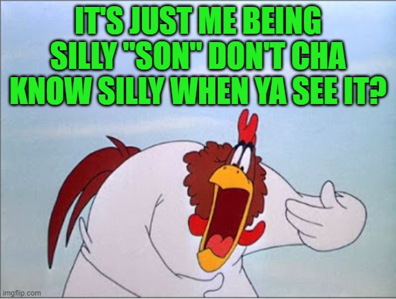 foghorn | IT'S JUST ME BEING SILLY "SON" DON'T CHA KNOW SILLY WHEN YA SEE IT? | image tagged in foghorn | made w/ Imgflip meme maker