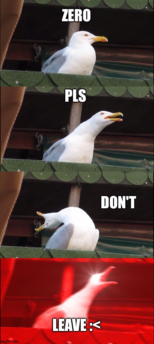 Pls don't leave T^T | ZERO; PLS; DON'T; LEAVE :< | image tagged in memes,inhaling seagull | made w/ Imgflip meme maker