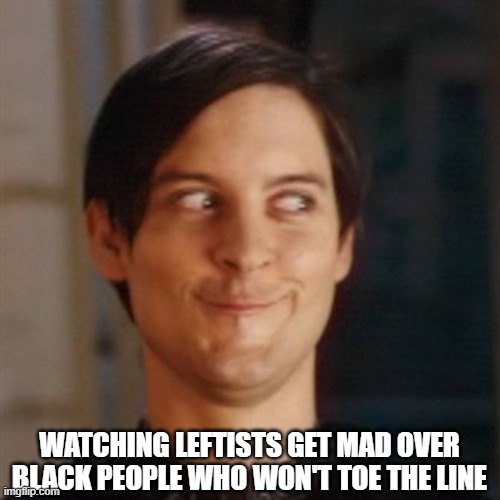 Hehe | WATCHING LEFTISTS GET MAD OVER BLACK PEOPLE WHO WON'T TOE THE LINE | image tagged in hehe | made w/ Imgflip meme maker