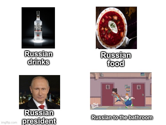 Russian/rushin | Russian food; Russian drinks; Russian president; Russian to the bathroom | image tagged in blank white template,russian,vodka | made w/ Imgflip meme maker