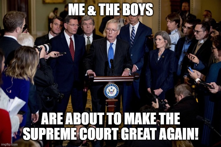 Removing Democrats Everywhere! | ME & THE BOYS; ARE ABOUT TO MAKE THE SUPREME COURT GREAT AGAIN! | image tagged in mitch mcconnell,trumps third scotus pick,rekt,trump 2020 | made w/ Imgflip meme maker