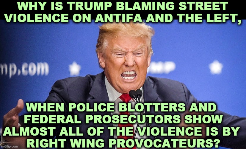 Trump is full of baloney. And those are the nice words. | WHY IS TRUMP BLAMING STREET VIOLENCE ON ANTIFA AND THE LEFT, WHEN POLICE BLOTTERS AND 
FEDERAL PROSECUTORS SHOW ALMOST ALL OF THE VIOLENCE IS BY 
RIGHT WING PROVOCATEURS? | image tagged in trump,liar,con man,dishonest,psychopath | made w/ Imgflip meme maker