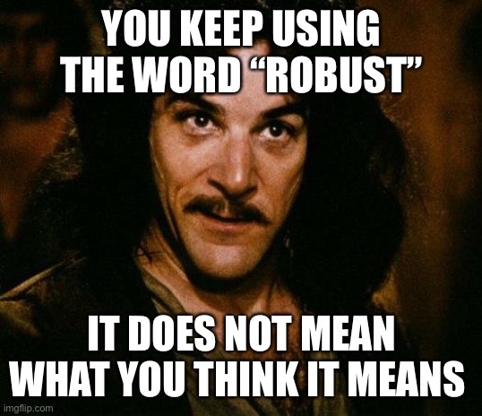 Inigo Montoya Meme | YOU KEEP USING THE WORD “ROBUST”; IT DOES NOT MEAN WHAT YOU THINK IT MEANS | image tagged in memes,inigo montoya | made w/ Imgflip meme maker