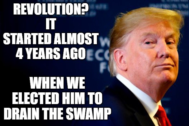 Revolution | REVOLUTION? IT STARTED ALMOST 4 YEARS AGO; WHEN WE ELECTED HIM TO DRAIN THE SWAMP | image tagged in revolution,trump,swamp,drain the swamp | made w/ Imgflip meme maker