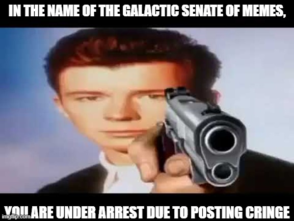 Galactic Meme Senate Arrest #1 | IN THE NAME OF THE GALACTIC SENATE OF MEMES, YOU ARE UNDER ARREST DUE TO POSTING CRINGE | image tagged in memes,galactic senate of memes | made w/ Imgflip meme maker