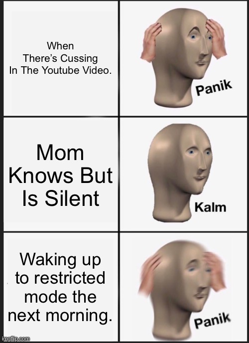 Panik Kalm Panik | When There’s Cussing In The Youtube Video. Mom Knows But Is Silent; Waking up to restricted mode the next morning. | image tagged in memes,panik kalm panik | made w/ Imgflip meme maker