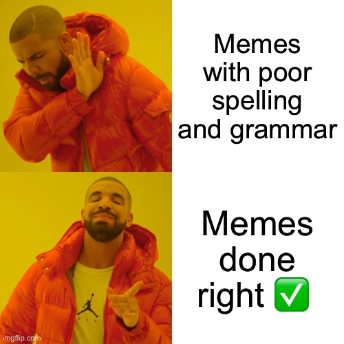 Drake Hotline Bling | Memes with poor spelling and grammar; Memes done right ✅ | image tagged in memes,drake hotline bling | made w/ Imgflip meme maker