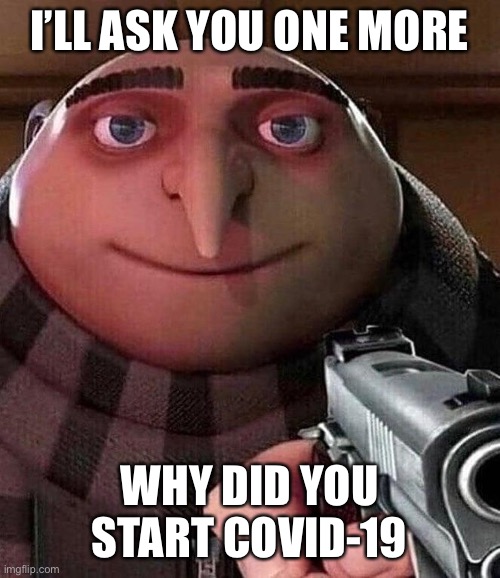 Gru Pointing Gun | I’LL ASK YOU ONE MORE; WHY DID YOU START COVID-19 | image tagged in gru pointing gun | made w/ Imgflip meme maker