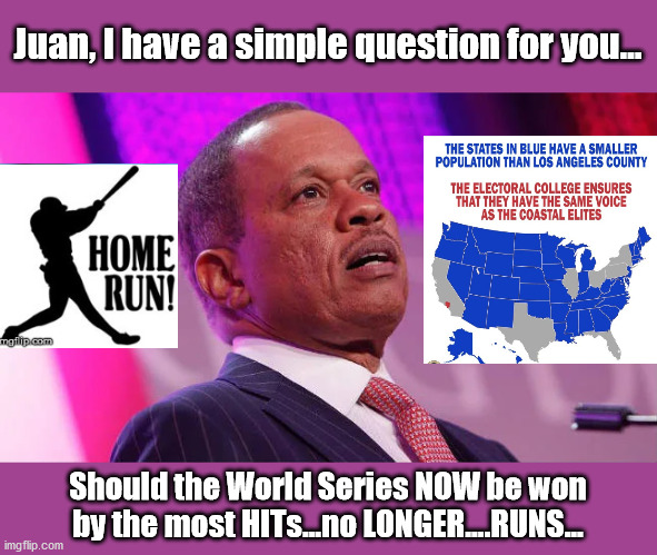 Electoral College (runs) vs Popular Vote (hits)....can't win? change the rules? | Juan, I have a simple question for you... Should the World Series NOW be won by the most HITs...no LONGER....RUNS... | image tagged in baseball runs and hits,popular vote,electoral college,harlem globetrotters | made w/ Imgflip meme maker