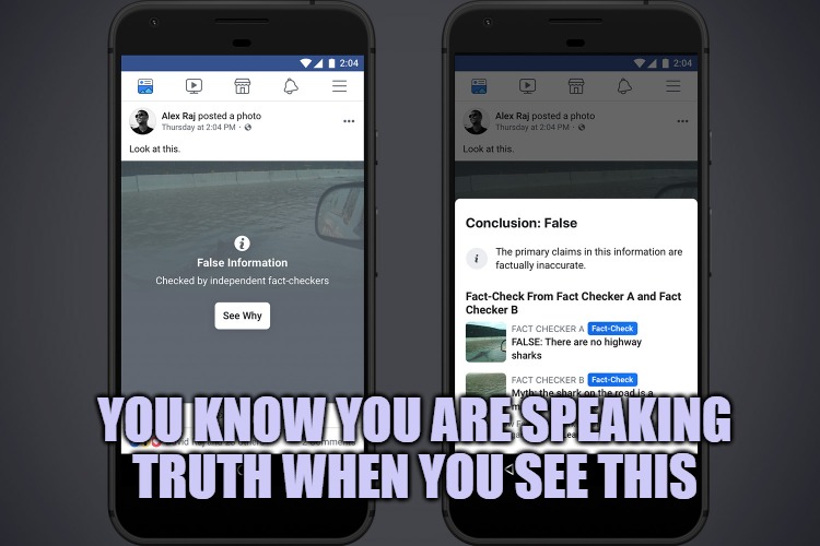 Facebook facts | YOU KNOW YOU ARE SPEAKING TRUTH WHEN YOU SEE THIS | image tagged in facebook,fact check,lies | made w/ Imgflip meme maker