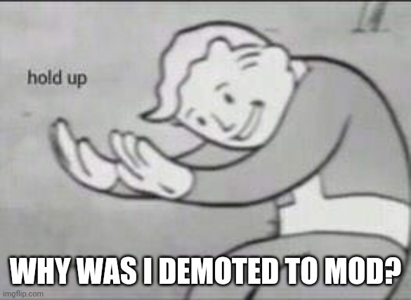 Fallout Hold Up | WHY WAS I DEMOTED TO MOD? | image tagged in fallout hold up | made w/ Imgflip meme maker