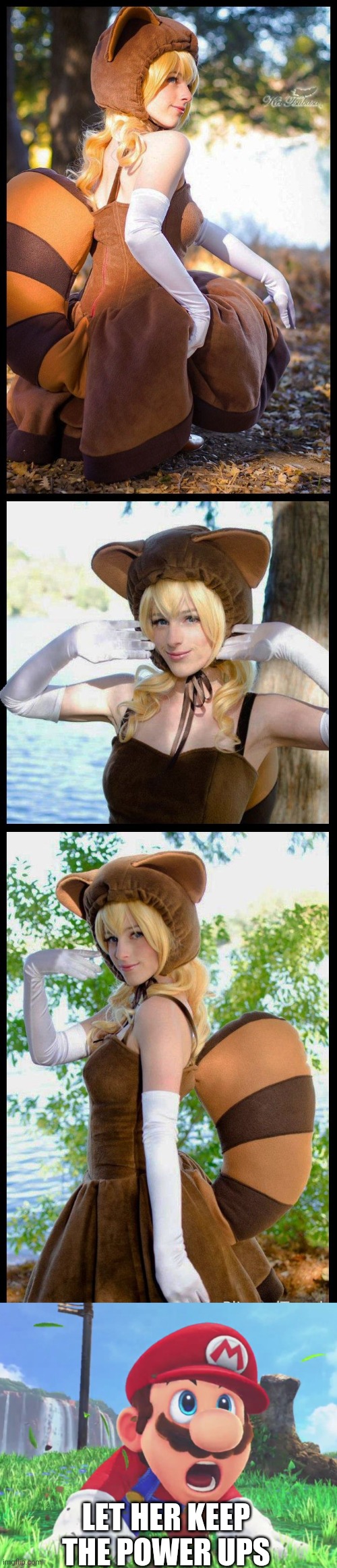 PEACH TANOOKI | LET HER KEEP THE POWER UPS | image tagged in tanooki,princess peach,super mario bros,cosplay | made w/ Imgflip meme maker