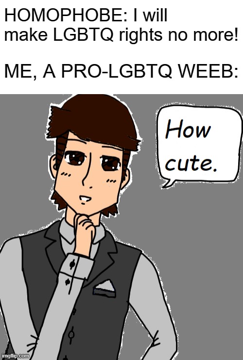 Not Gonna Happen | HOMOPHOBE: I will make LGBTQ rights no more! ME, A PRO-LGBTQ WEEB: | image tagged in mike dixon,how cute,anime,memes,original character,lgbtq | made w/ Imgflip meme maker