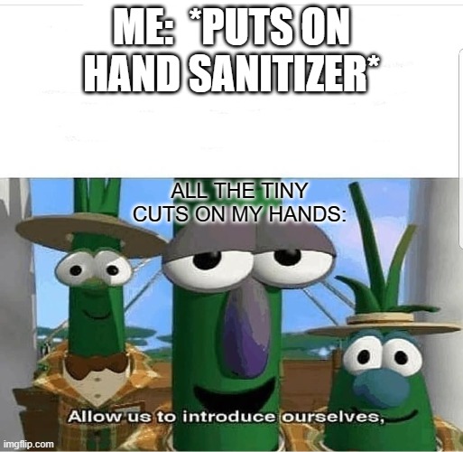 Hand sanitizer be like: | ME:  *PUTS ON HAND SANITIZER*; ALL THE TINY CUTS ON MY HANDS: | image tagged in allow us to introduce ourselves,hand sanitizer | made w/ Imgflip meme maker