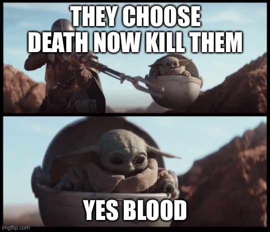 Baby Yoda | THEY CHOOSE DEATH NOW KILL THEM; YES BLOOD | image tagged in baby yoda | made w/ Imgflip meme maker