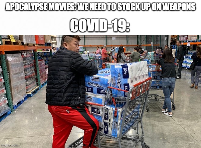 Movies vs Reality lol XD | APOCALYPSE MOVIES: WE NEED TO STOCK UP ON WEAPONS; COVID-19: | image tagged in expectation vs reality | made w/ Imgflip meme maker