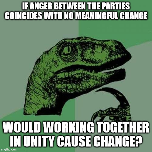 Philosoraptor | IF ANGER BETWEEN THE PARTIES COINCIDES WITH NO MEANINGFUL CHANGE; WOULD WORKING TOGETHER IN UNITY CAUSE CHANGE? | image tagged in memes,philosoraptor,unity2020,dupoly | made w/ Imgflip meme maker