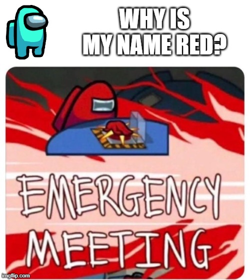 noobs in among us be like |  WHY IS MY NAME RED? | image tagged in emergency meeting among us | made w/ Imgflip meme maker