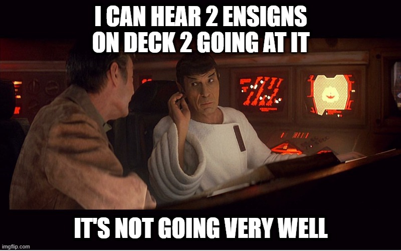 Peeping Spock | I CAN HEAR 2 ENSIGNS ON DECK 2 GOING AT IT; IT'S NOT GOING VERY WELL | image tagged in star trek spock mccoy | made w/ Imgflip meme maker