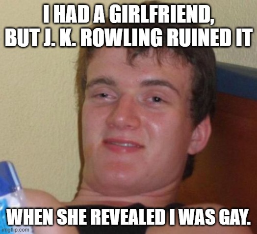 darn j.k. rowling |  I HAD A GIRLFRIEND, BUT J. K. ROWLING RUINED IT; WHEN SHE REVEALED I WAS GAY. | image tagged in memes,10 guy | made w/ Imgflip meme maker