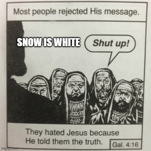 I made this out of boredom |  SNOW IS WHITE | image tagged in they hated jesus because he told them the truth,fun | made w/ Imgflip meme maker