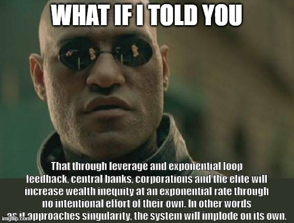 Matrix Morpheus Meme | WHAT IF I TOLD YOU; That through leverage and exponential loop feedback, central banks, corporations and the elite will increase wealth inequity at an exponential rate through no intentional effort of their own. In other words as it approaches singularity, the system will implode on its own. | image tagged in memes,matrix morpheus | made w/ Imgflip meme maker