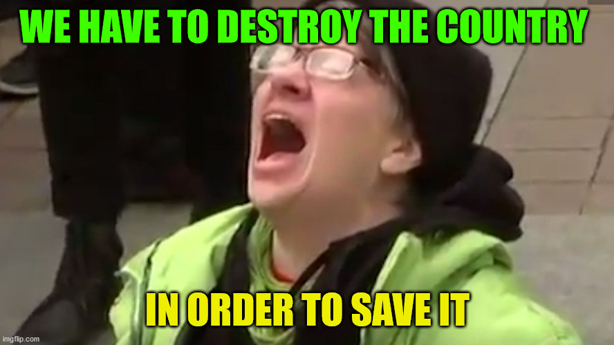 Screaming Liberal  | WE HAVE TO DESTROY THE COUNTRY; IN ORDER TO SAVE IT | image tagged in screaming liberal | made w/ Imgflip meme maker
