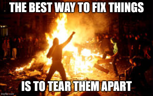 Anarchy Riot | THE BEST WAY TO FIX THINGS; IS TO TEAR THEM APART | image tagged in anarchy riot | made w/ Imgflip meme maker