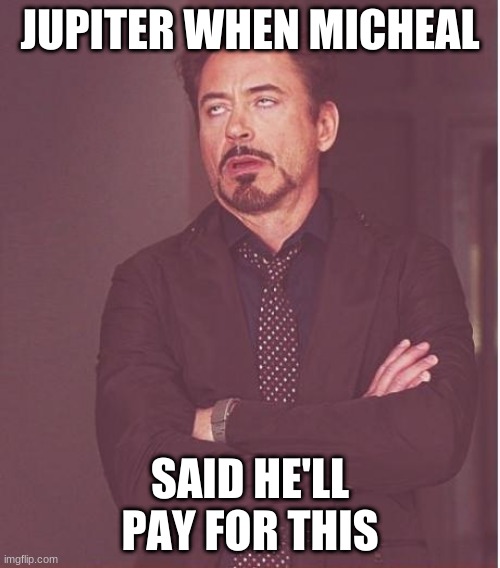 Face You Make Robert Downey Jr | JUPITER WHEN MICHEAL; SAID HE'LL PAY FOR THIS | image tagged in memes,face you make robert downey jr | made w/ Imgflip meme maker