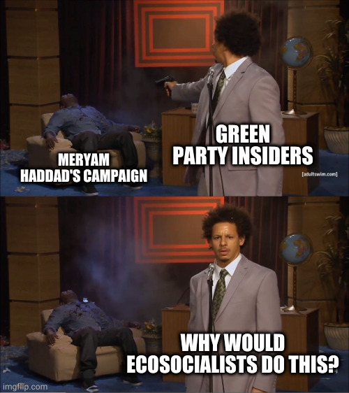 Who Killed Hannibal Meme | GREEN PARTY INSIDERS; MERYAM HADDAD'S CAMPAIGN; WHY WOULD ECOSOCIALISTS DO THIS? | image tagged in memes,who killed hannibal,canadaleft | made w/ Imgflip meme maker