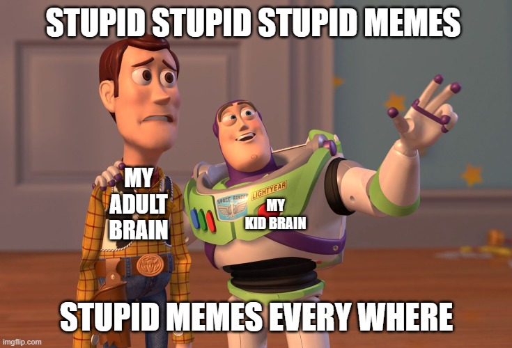 X, X Everywhere | STUPID STUPID STUPID MEMES; MY ADULT BRAIN; MY KID BRAIN; STUPID MEMES EVERY WHERE | image tagged in memes,x x everywhere | made w/ Imgflip meme maker