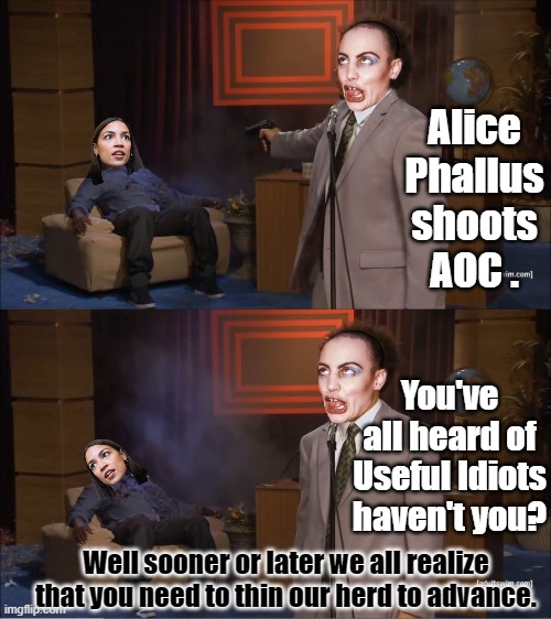 And AOC as a Democratic Socialist thought they were friends. | Alice Phallus shoots AOC . You've all heard of Useful Idiots haven't you? Well sooner or later we all realize that you need to thin our herd to advance. | image tagged in aoc,aoc stumped,alice phalus,democratic socialism | made w/ Imgflip meme maker