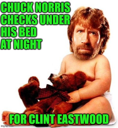 Chuck Norris | CHUCK NORRIS 
CHECKS UNDER
HIS BED
AT NIGHT; FOR CLINT EASTWOOD | image tagged in chuck norris,memes,clint eastwood,bed,evil toddler | made w/ Imgflip meme maker