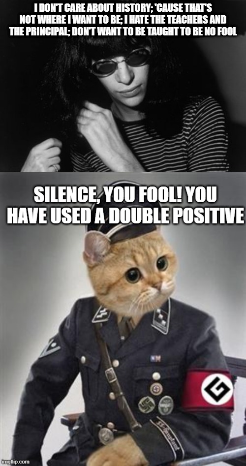 I DON'T CARE ABOUT HISTORY; 'CAUSE THAT'S NOT WHERE I WANT TO BE; I HATE THE TEACHERS AND THE PRINCIPAL; DON'T WANT TO BE TAUGHT TO BE NO FOOL; SILENCE, YOU FOOL! YOU HAVE USED A DOUBLE POSITIVE | image tagged in grammar nazi cat,joey ramone,cats,memes,bad grammar and spelling memes,music meme | made w/ Imgflip meme maker