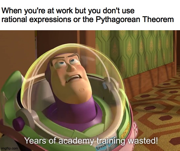 years of academy training wasted | When you're at work but you don't use rational expressions or the Pythagorean Theorem | image tagged in years of academy training wasted | made w/ Imgflip meme maker