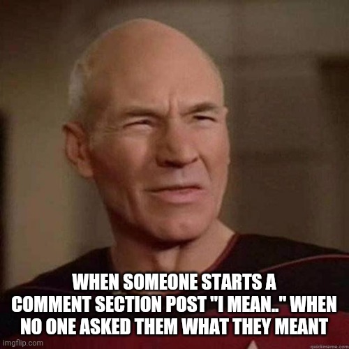 Peak Englais Skillz | WHEN SOMEONE STARTS A COMMENT SECTION POST "I MEAN.." WHEN NO ONE ASKED THEM WHAT THEY MEANT | image tagged in dafuq picard | made w/ Imgflip meme maker