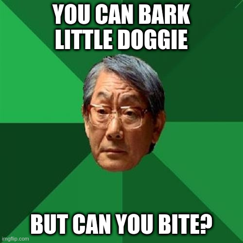 High Expectations Asian Father Meme | YOU CAN BARK LITTLE DOGGIE BUT CAN YOU BITE? | image tagged in memes,high expectations asian father | made w/ Imgflip meme maker