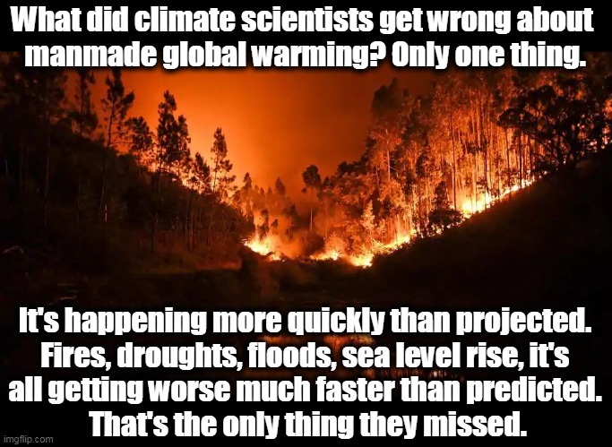 They're doing their job better than you're doing yours. | What did climate scientists get wrong about 
manmade global warming? Only one thing. It's happening more quickly than projected. 
Fires, droughts, floods, sea level rise, it's 
all getting worse much faster than predicted. 
That's the only thing they missed. | image tagged in manmade global warming forest fire,science,scientists,smart,right,global warming | made w/ Imgflip meme maker