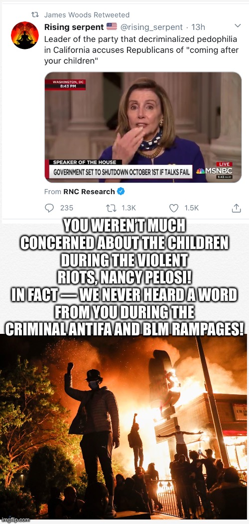 Nancy Pelosi, the ultimate hypocrite! (You’ll lose the House, Pelosi!) | YOU WEREN’T MUCH CONCERNED ABOUT THE CHILDREN DURING THE VIOLENT RIOTS, NANCY PELOSI!
IN FACT — WE NEVER HEARD A WORD FROM YOU DURING THE CRIMINAL ANTIFA AND BLM RAMPAGES! | image tagged in nancy pelosi,pelosi,nancy pelosi is crazy,democrat party,democratic socialism,election 2020 | made w/ Imgflip meme maker