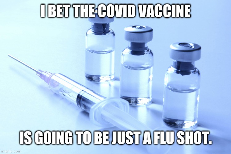 Covid vaccine | I BET THE COVID VACCINE; IS GOING TO BE JUST A FLU SHOT. | image tagged in vaccine,covid19,2020,flu | made w/ Imgflip meme maker
