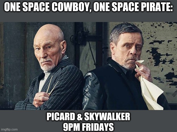 Picard & Skywalker | ONE SPACE COWBOY, ONE SPACE PIRATE:; PICARD & SKYWALKER
9PM FRIDAYS | image tagged in picard skywalker | made w/ Imgflip meme maker