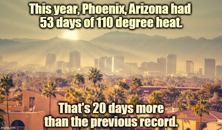 How's your air conditioning holding up? | This year, Phoenix, Arizona had 
53 days of 110 degree heat. That's 20 days more than the previous record. | image tagged in phoenix arizona 53 days over 110 degrees,global warming,climate change | made w/ Imgflip meme maker
