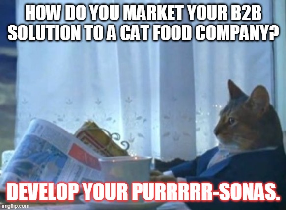 I Should Buy A Boat Cat | HOW DO YOU MARKET YOUR B2B SOLUTION TO A CAT FOOD COMPANY? DEVELOP YOUR PURRRRR-SONAS. | image tagged in memes,i should buy a boat cat | made w/ Imgflip meme maker