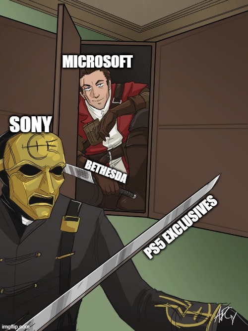 MICROSOFT; SONY; BETHESDA; PS5 EXCLUSIVES | image tagged in memes | made w/ Imgflip meme maker